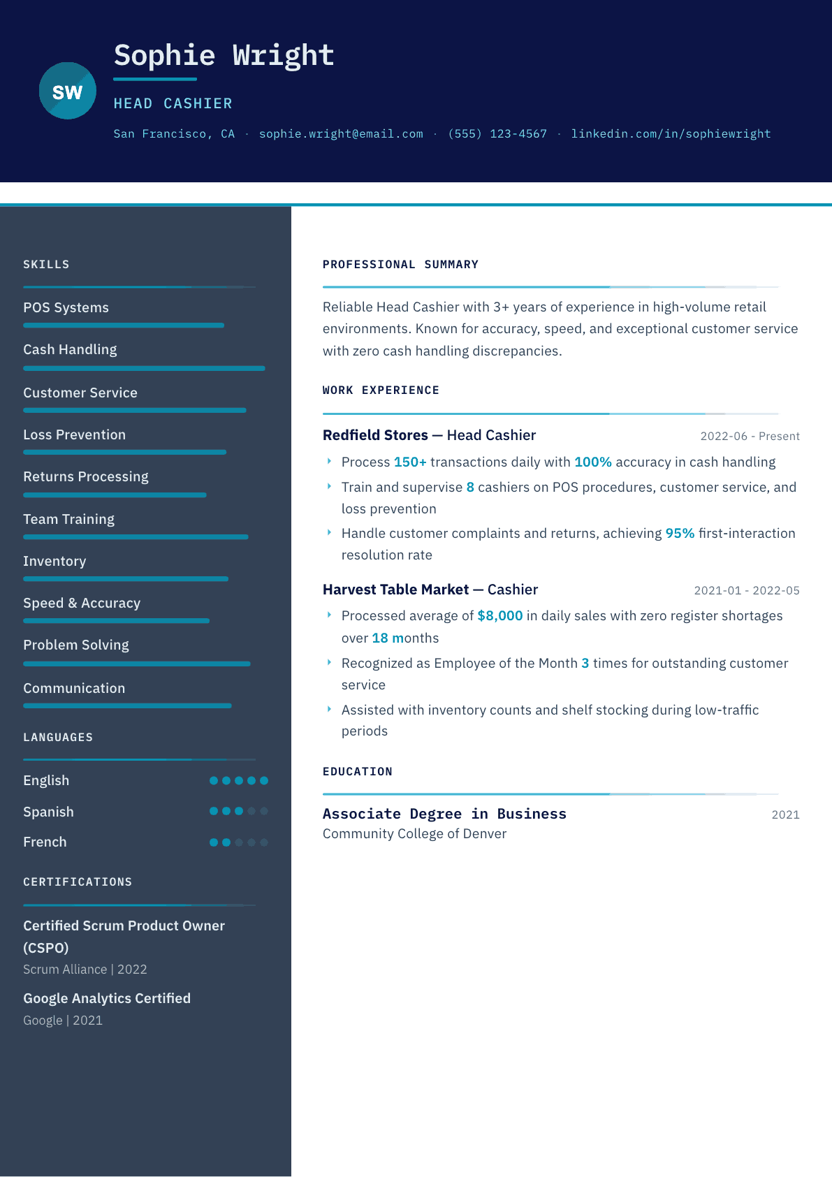 Cashier resume example, Atlas template
