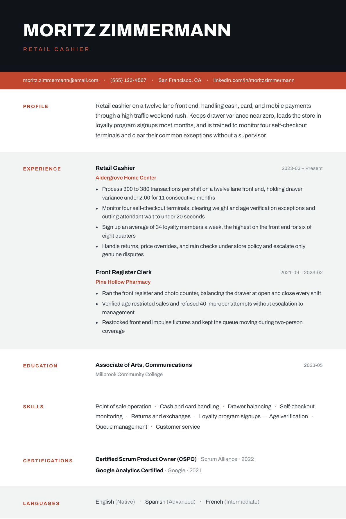 Cashier Retail resume example, Strata template