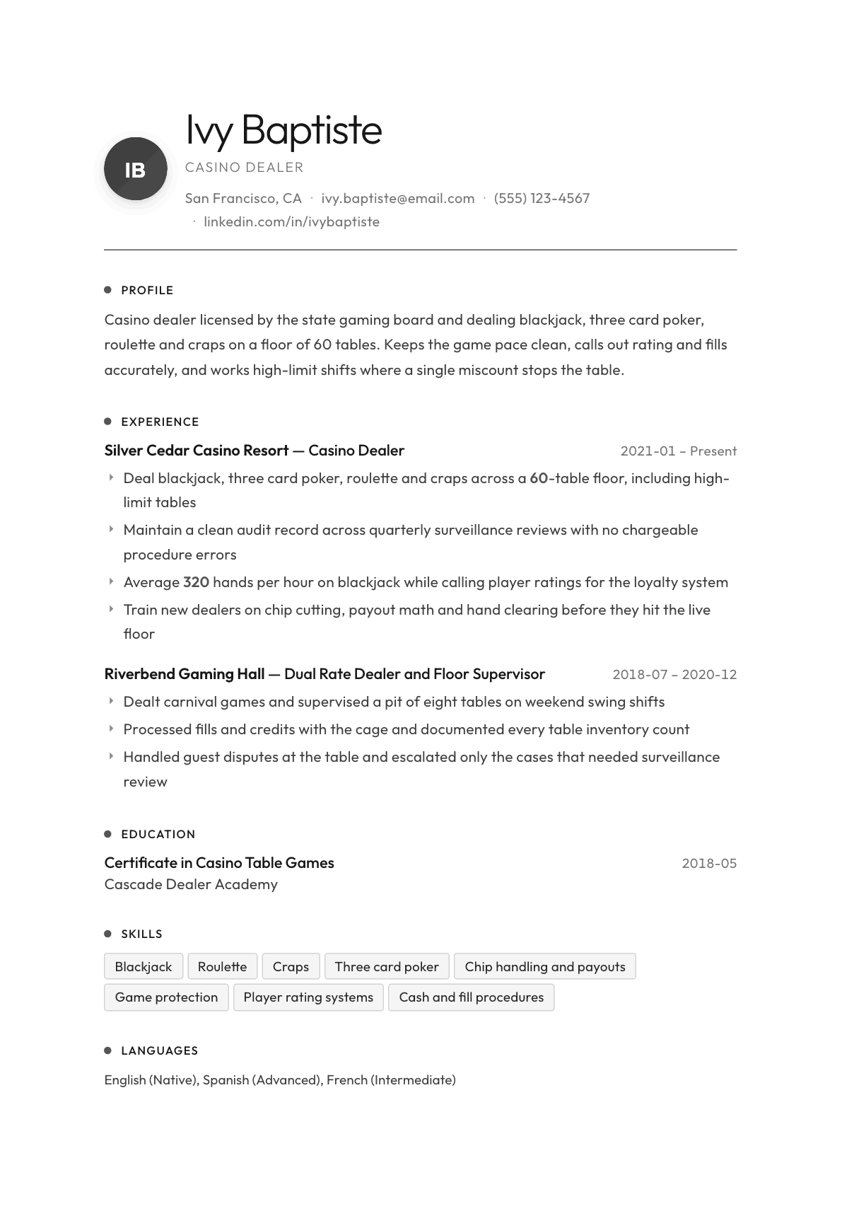 Casino Dealer resume example, Flux template