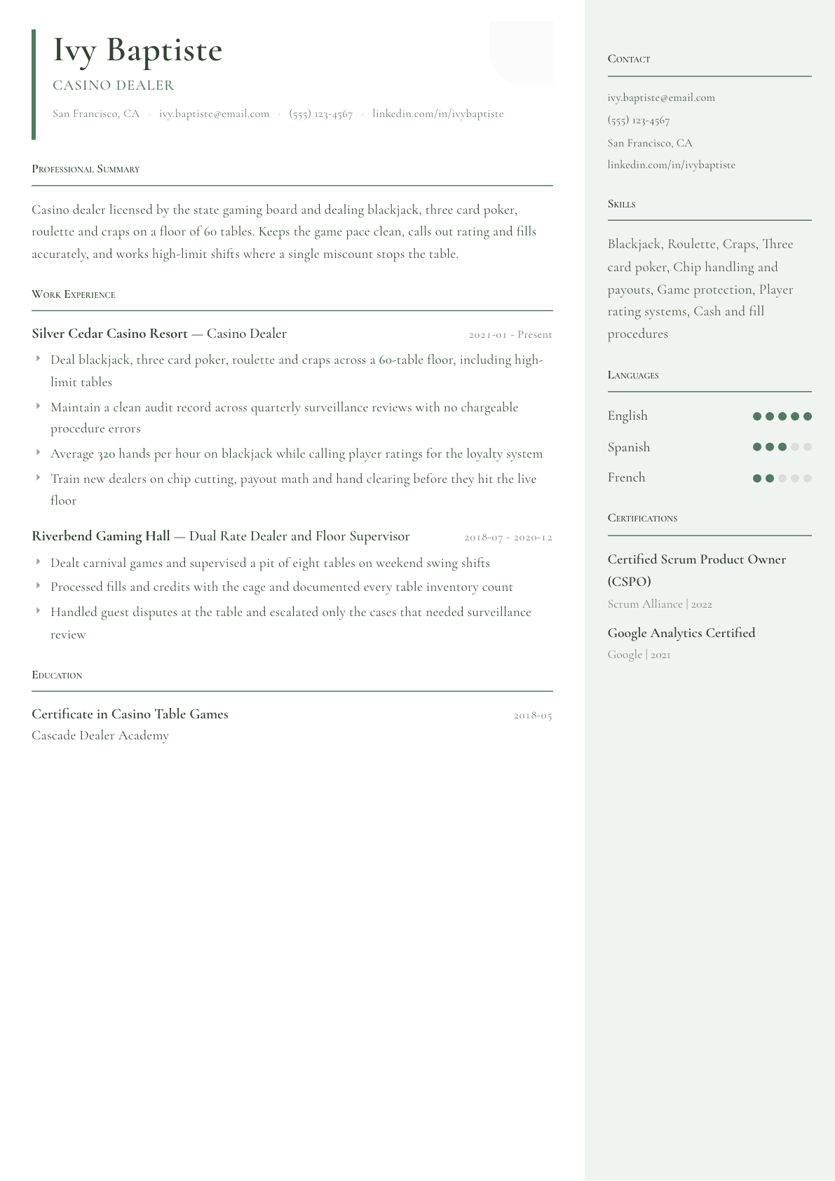 Casino Dealer resume example, Copenhagen template
