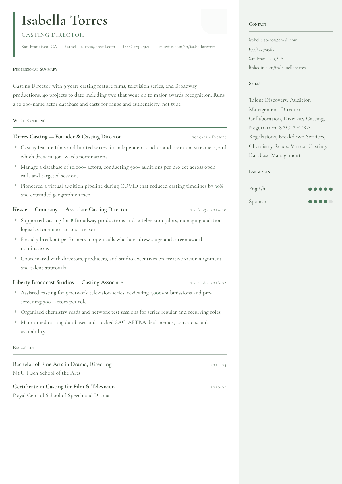 Casting Director resume example, Copenhagen template