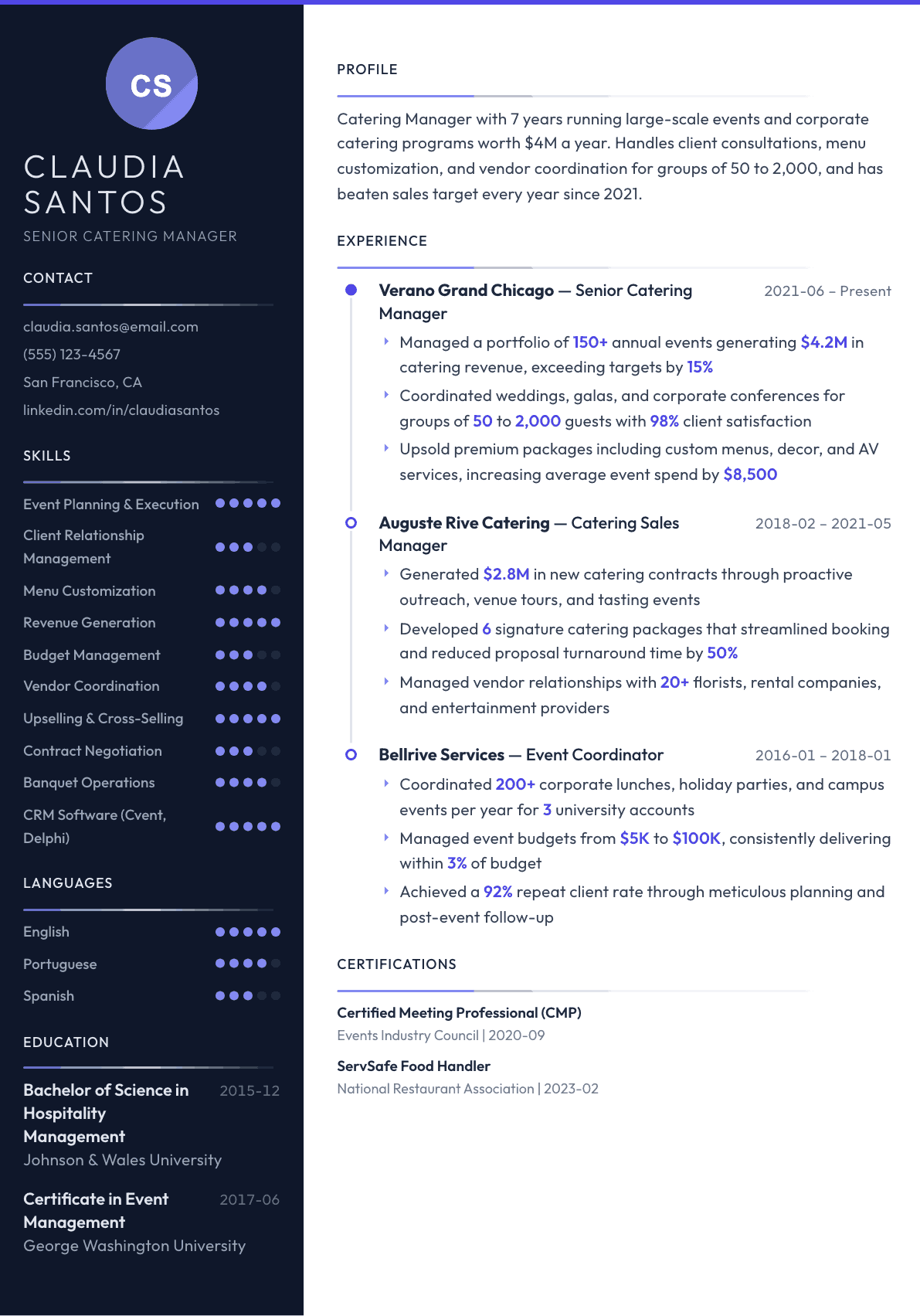 Catering Manager resume example, Zenith template