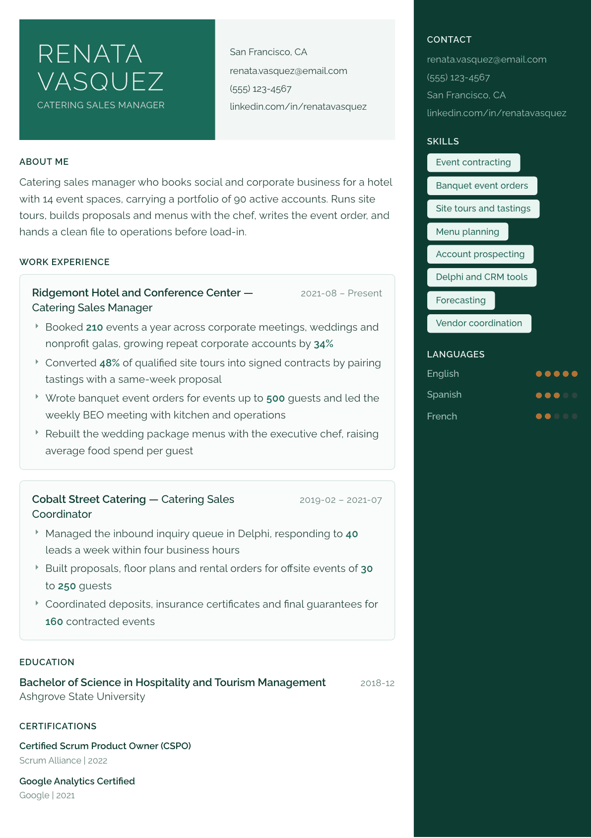 Catering Sales Manager resume example, Aurora template