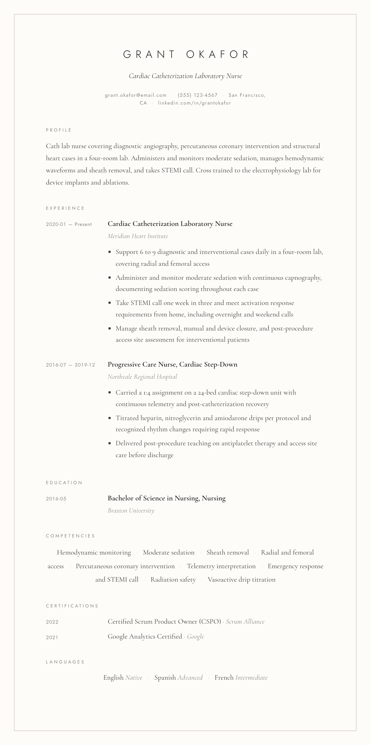 Cath Lab Nurse resume example, Vellum template