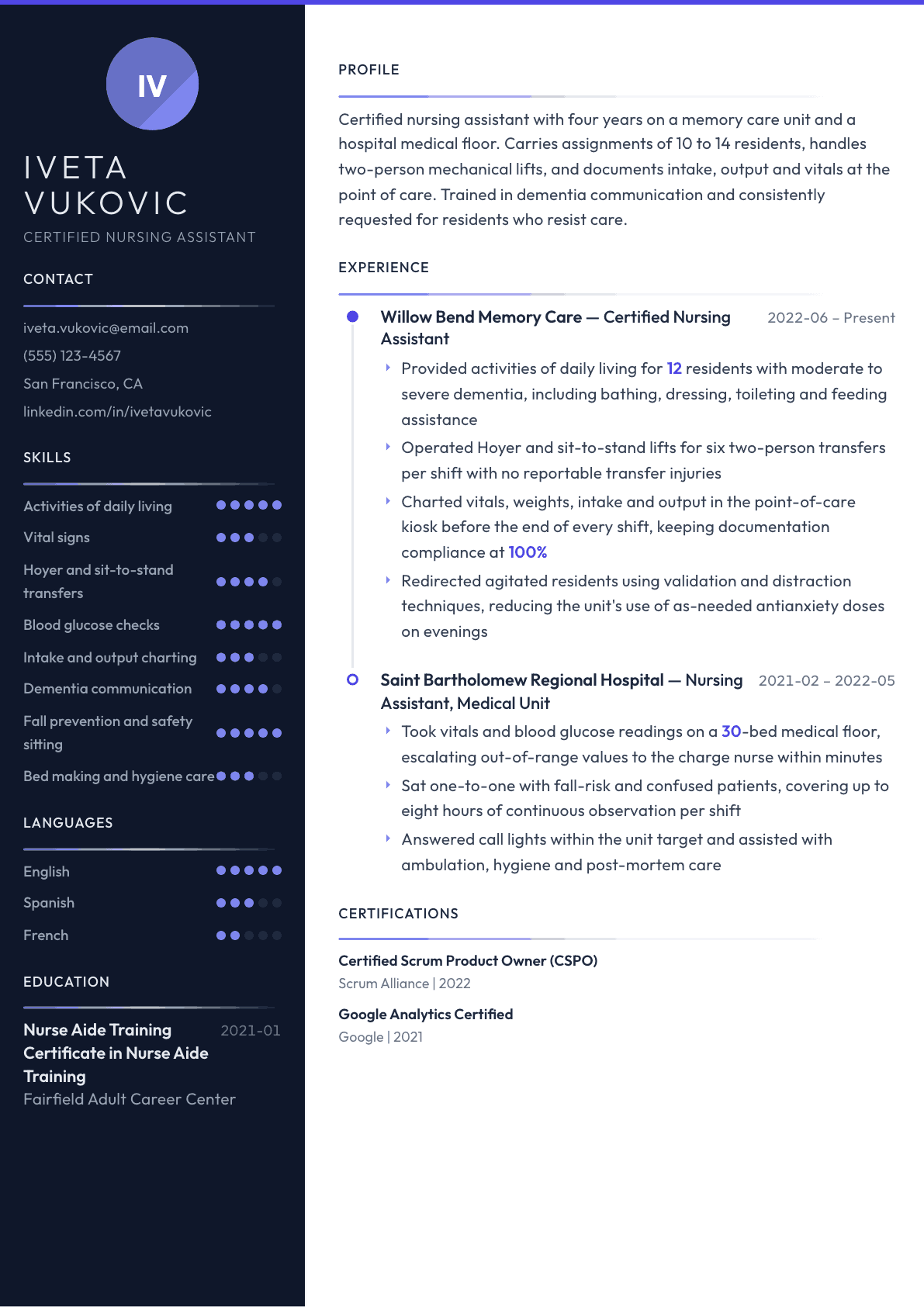 Certified Nursing Assistant resume example, Zenith template