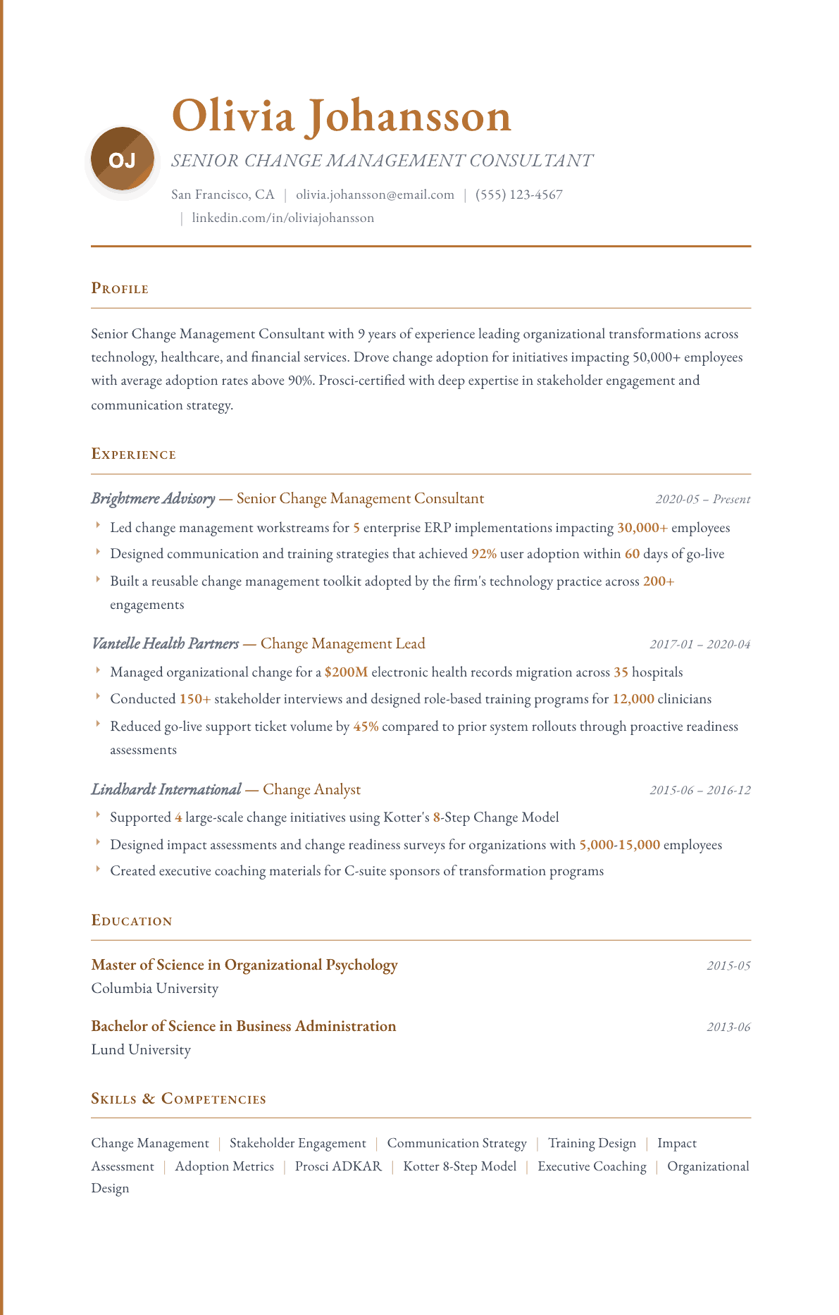 Change Management Consultant resume example, Timeless template