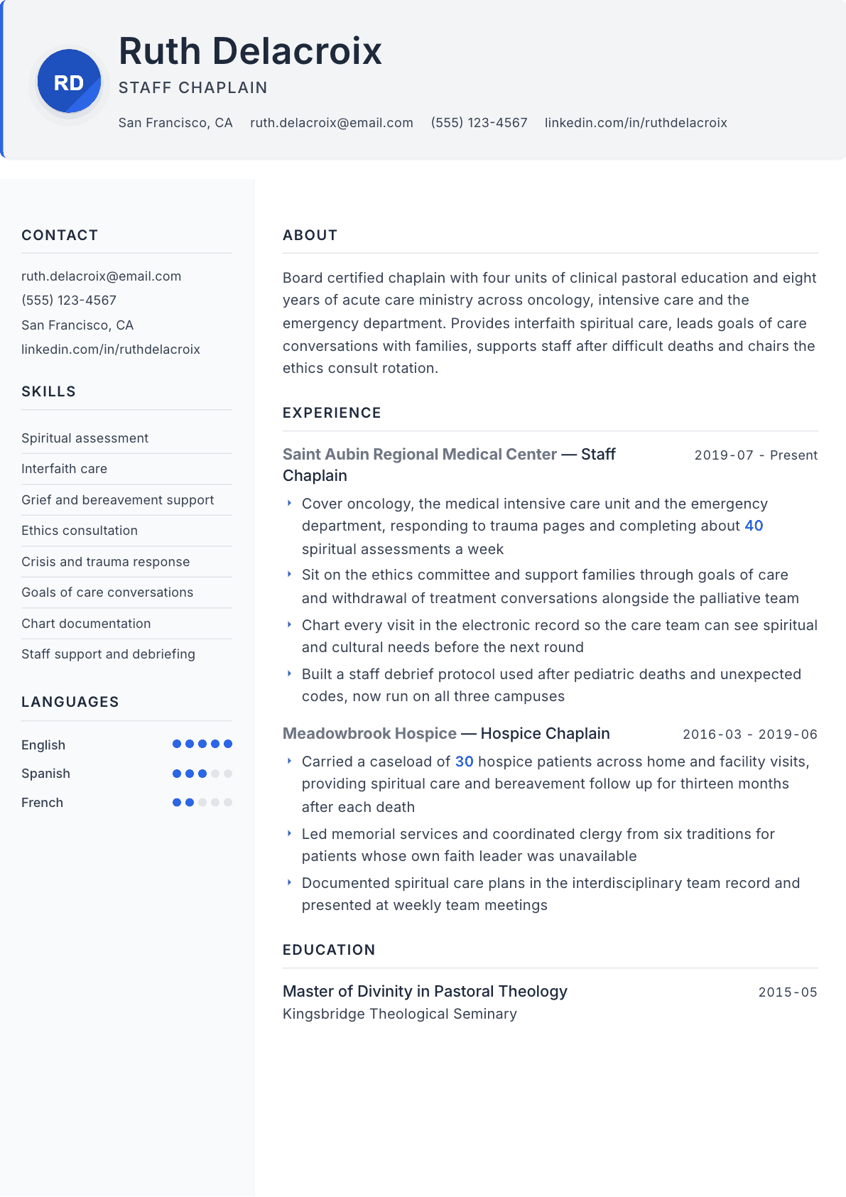 Chaplain resume example, Paper template