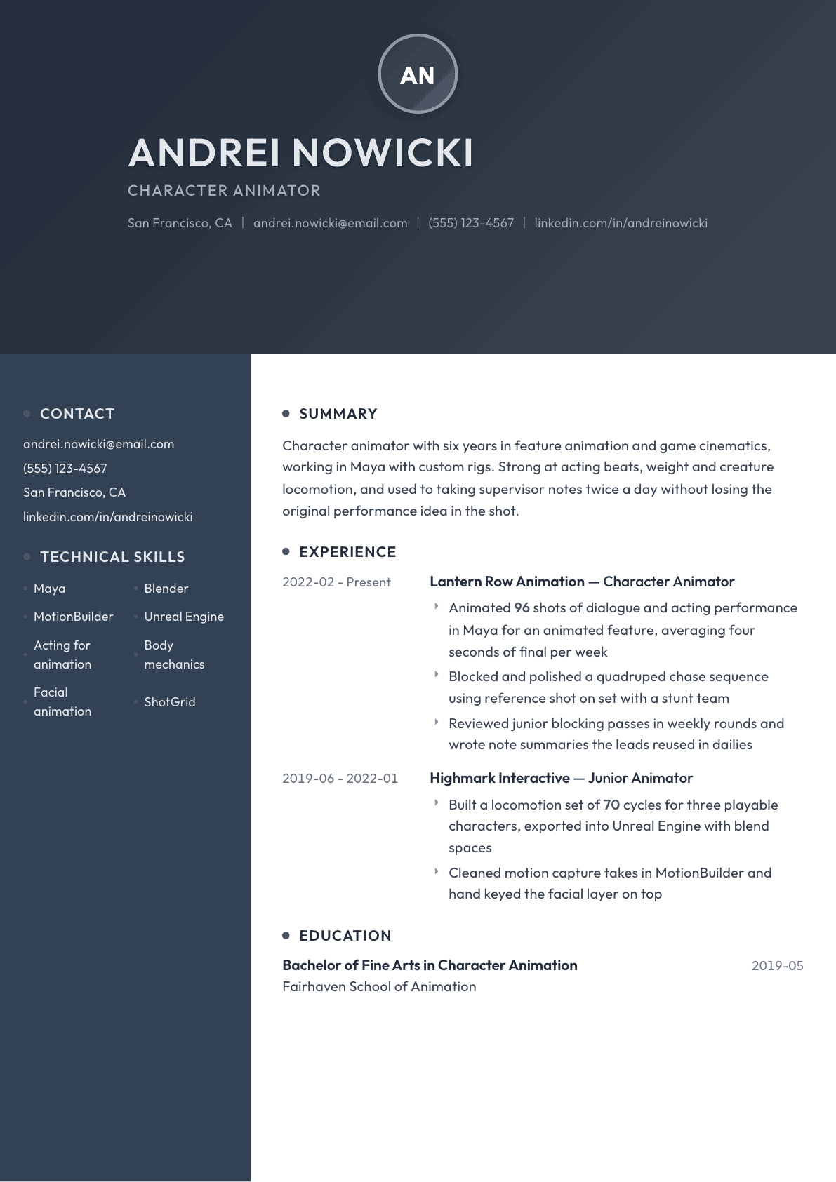 Character Animator resume example, Binary template