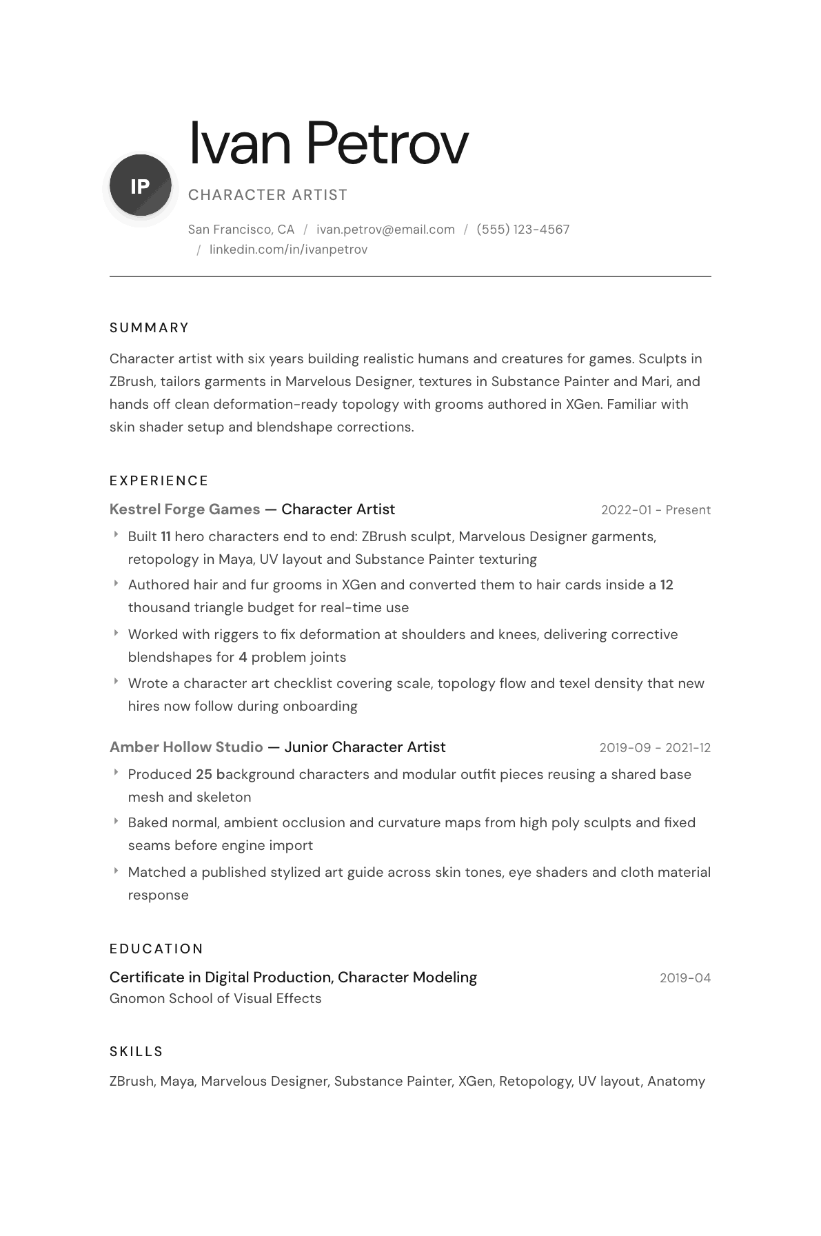 Character Artist resume example, Whisper template