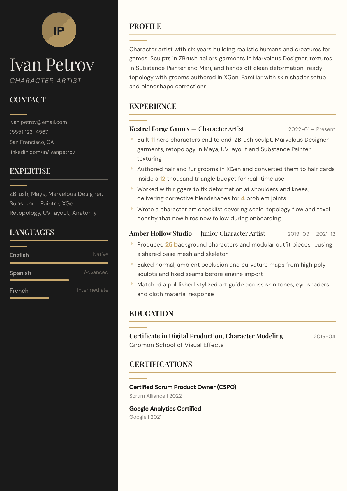 Character Artist resume example, Obsidian template