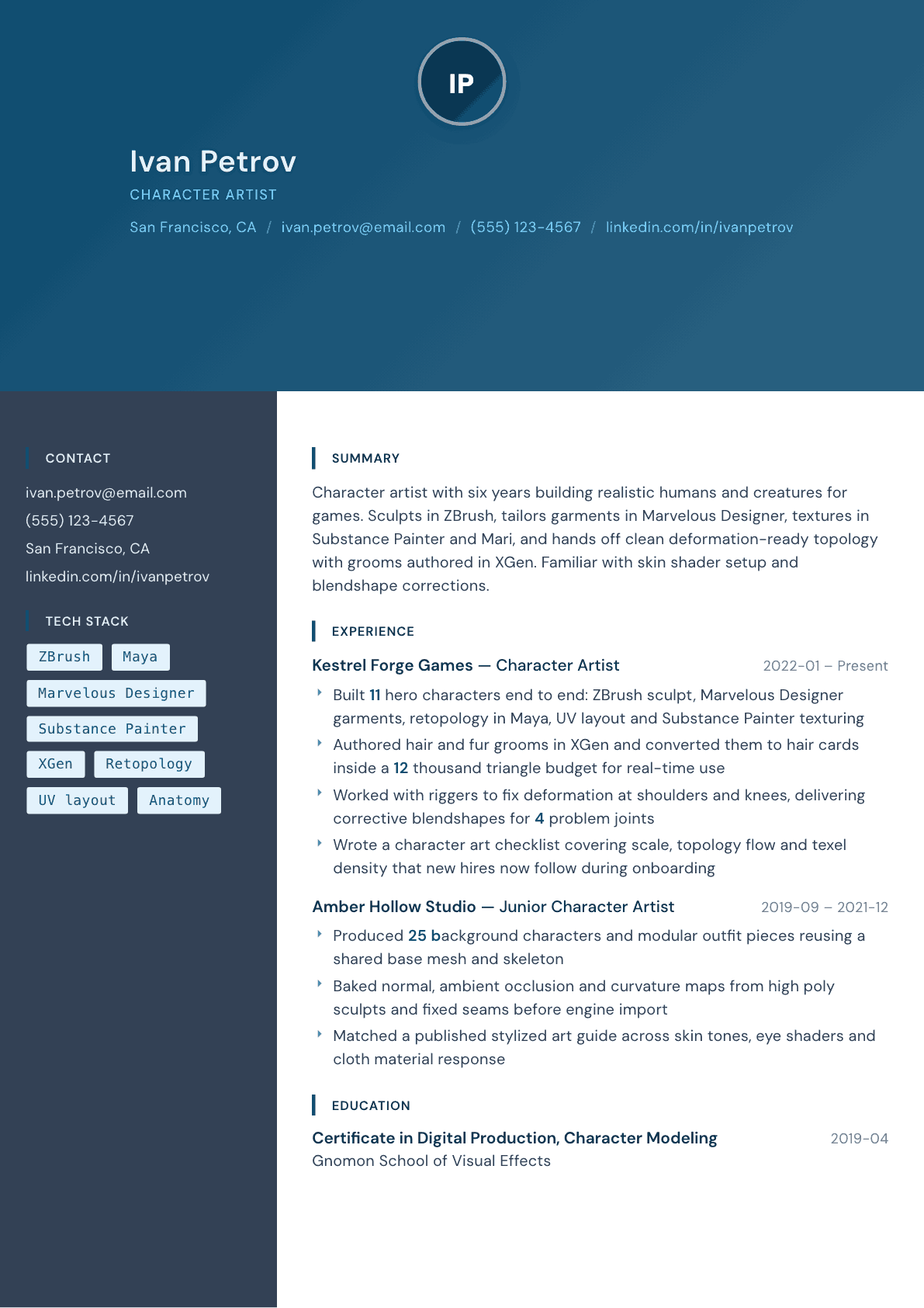 Character Artist resume example, Prism template