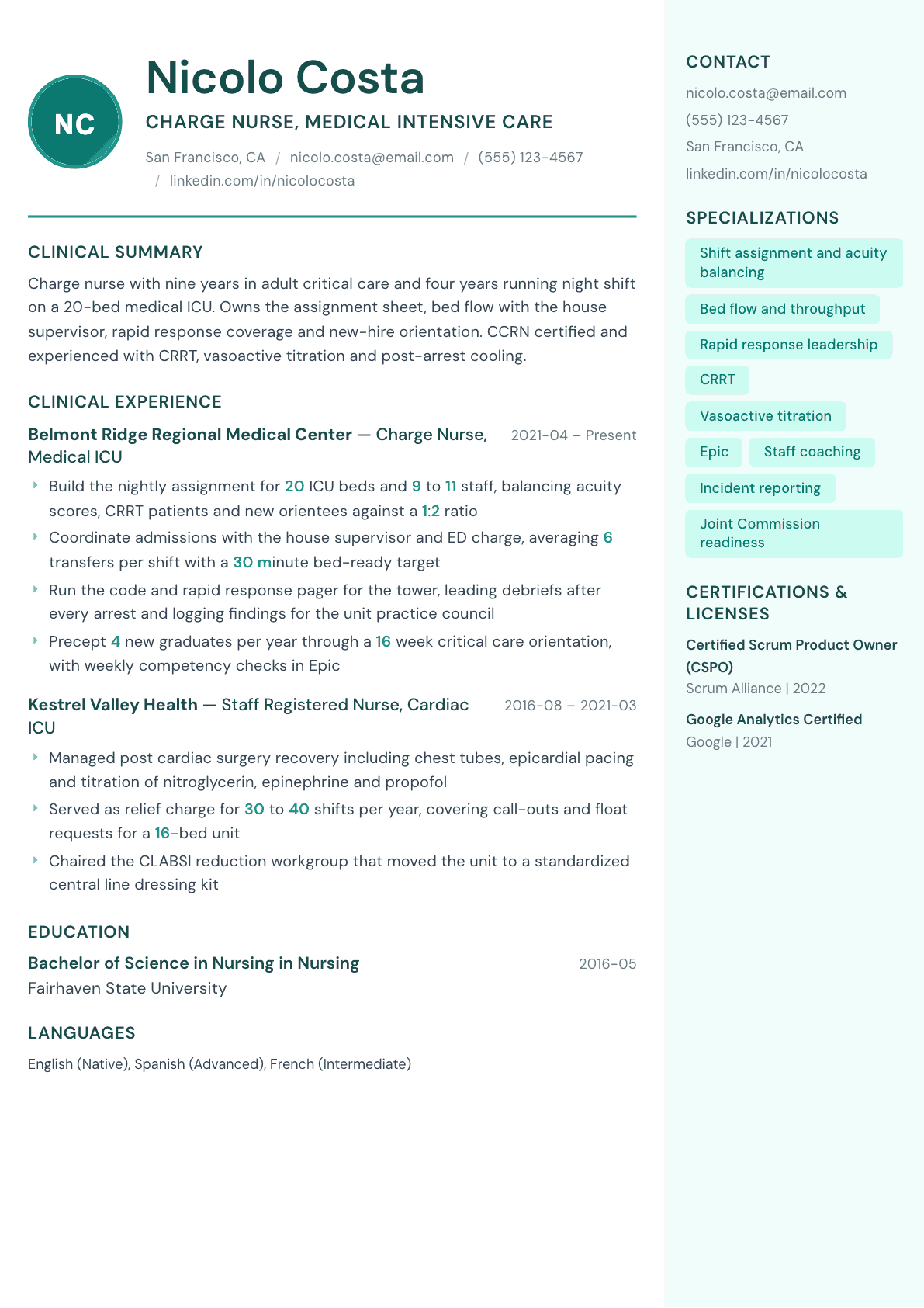 Charge Nurse resume example, Remedy template