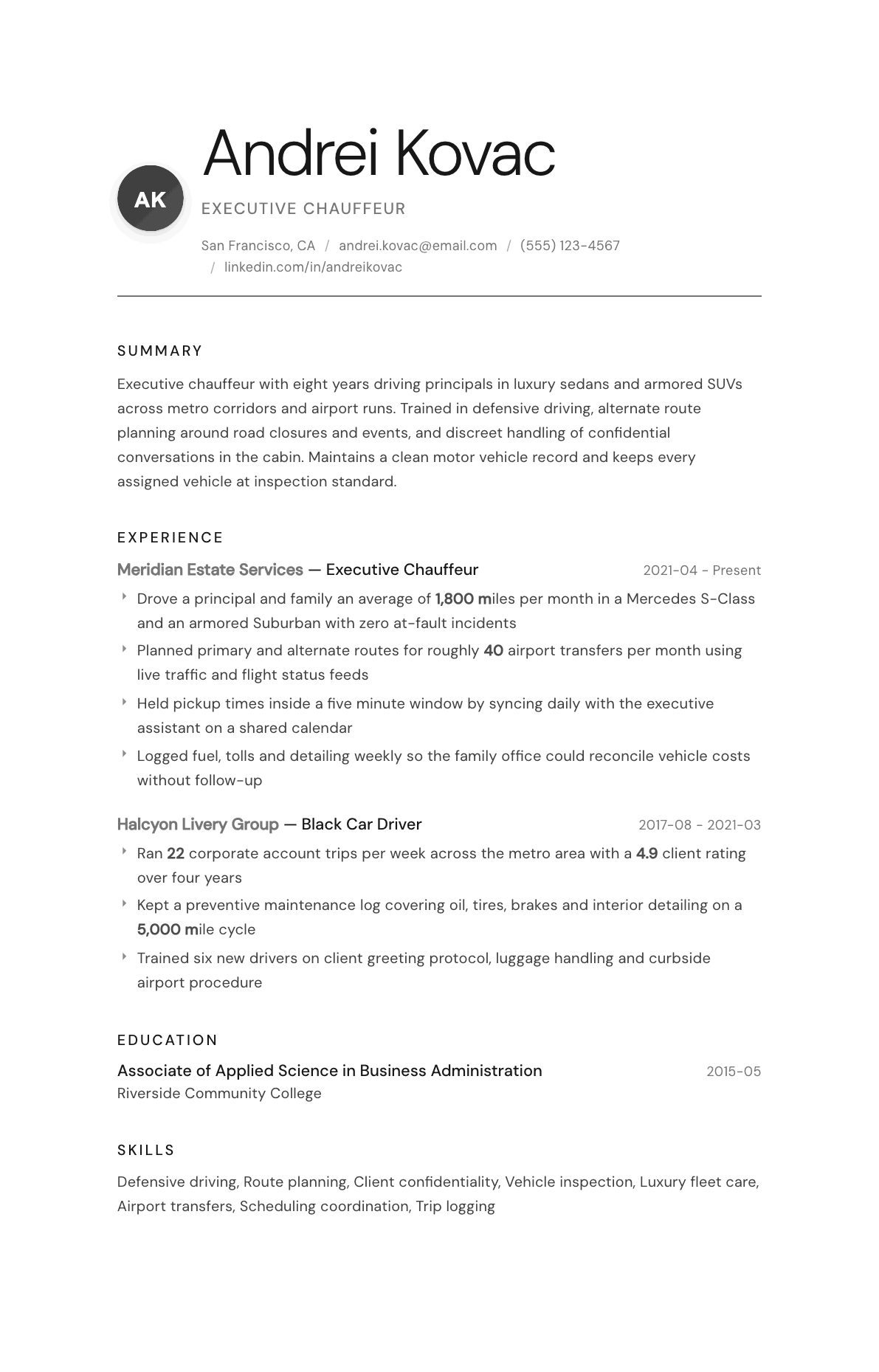 Chauffeur resume example, Whisper template