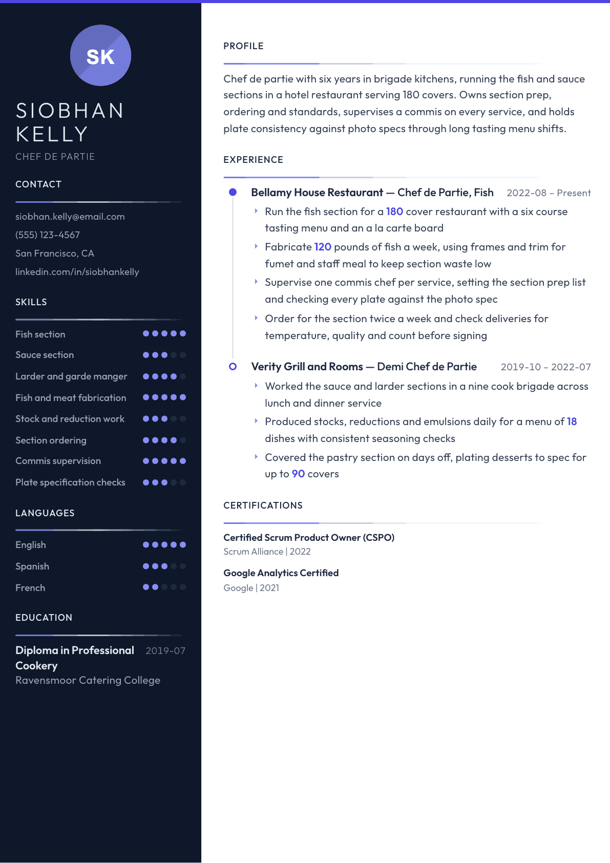 Chef de Partie resume example, Zenith template