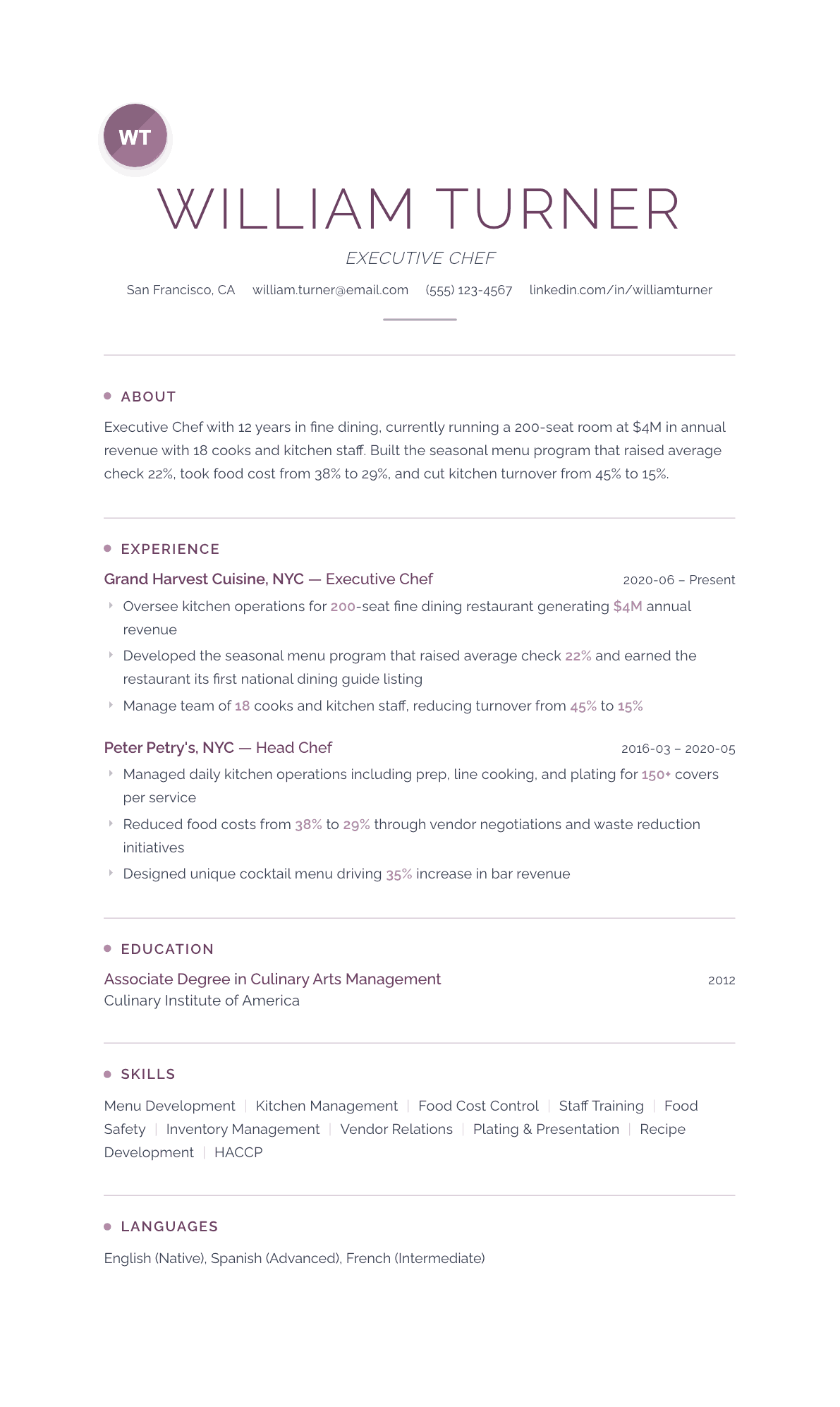 Chef resume example, Serenity template