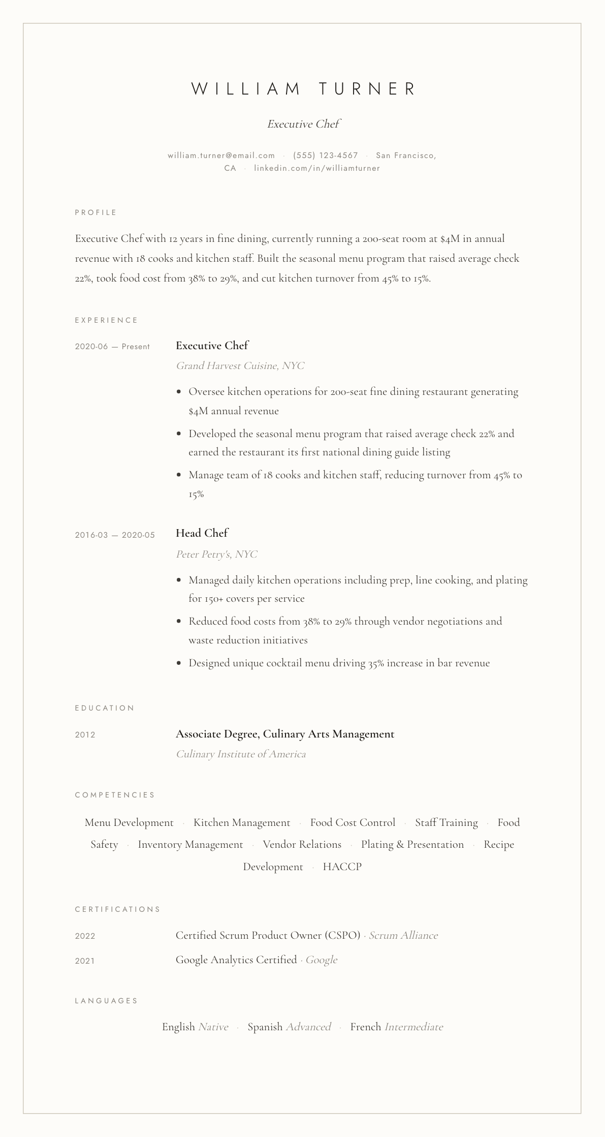 Chef resume example, Vellum template