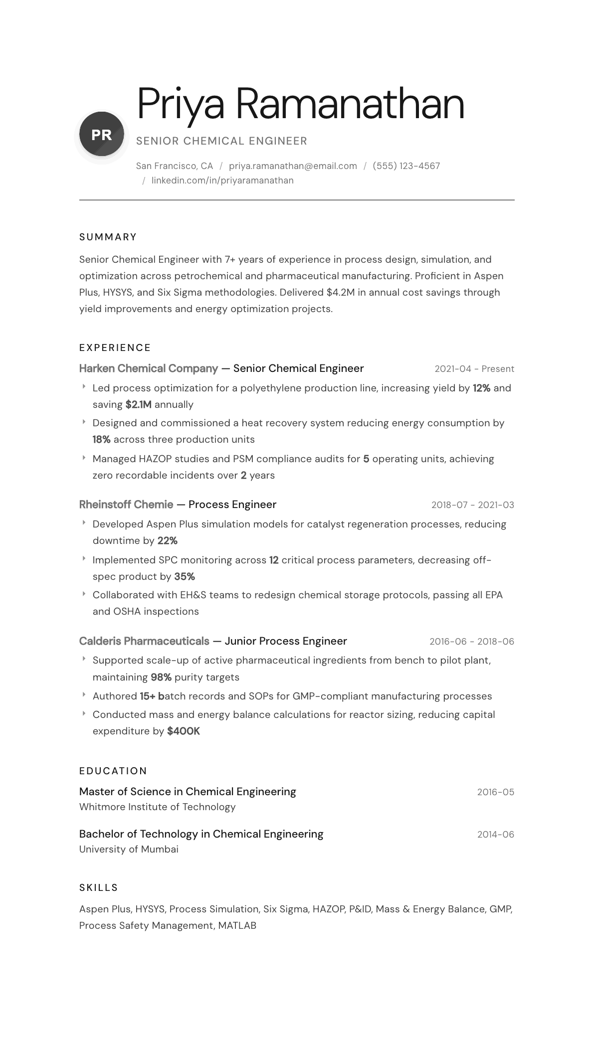 Chemical Engineer resume example, Whisper template