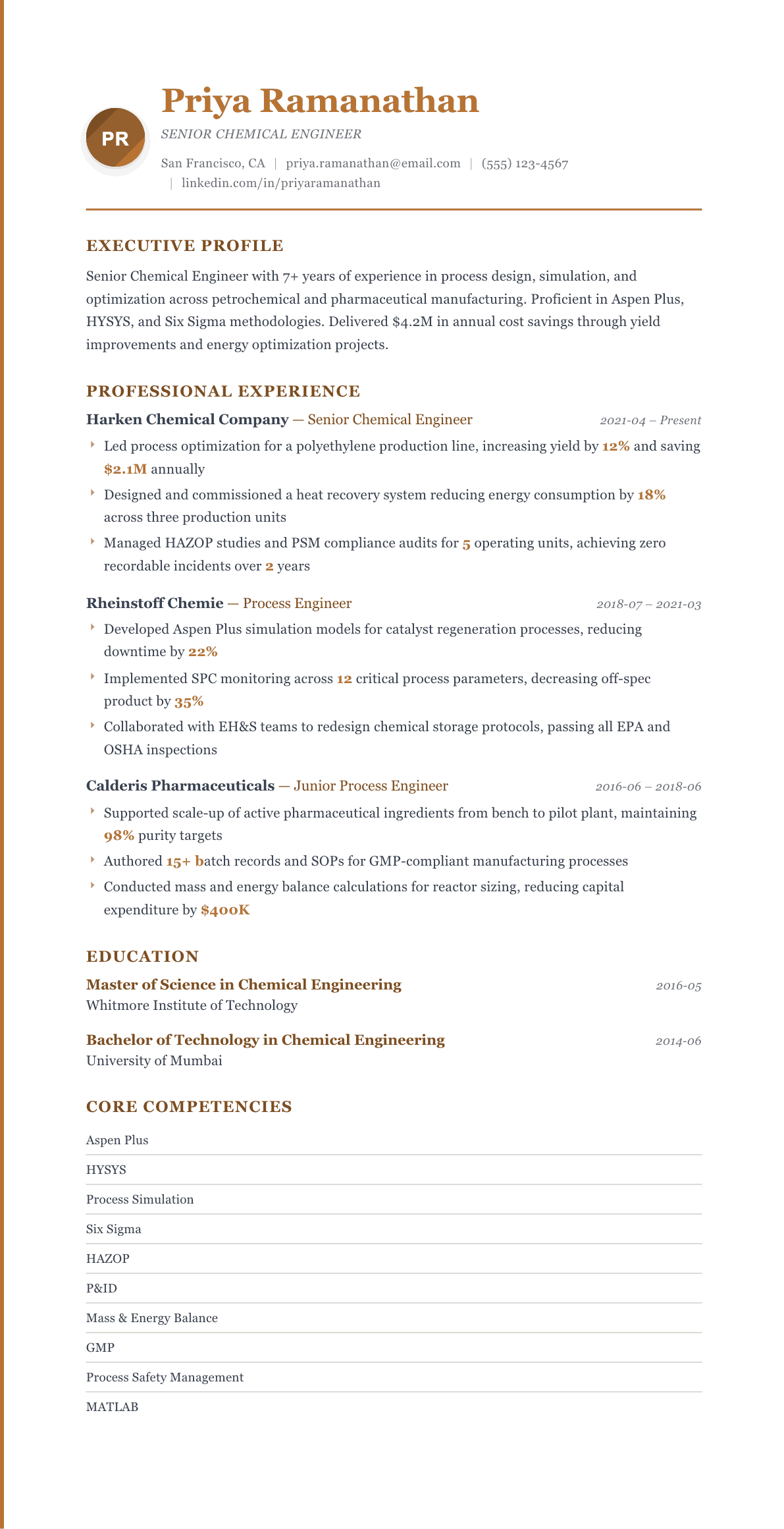Chemical Engineer resume example, Regency template