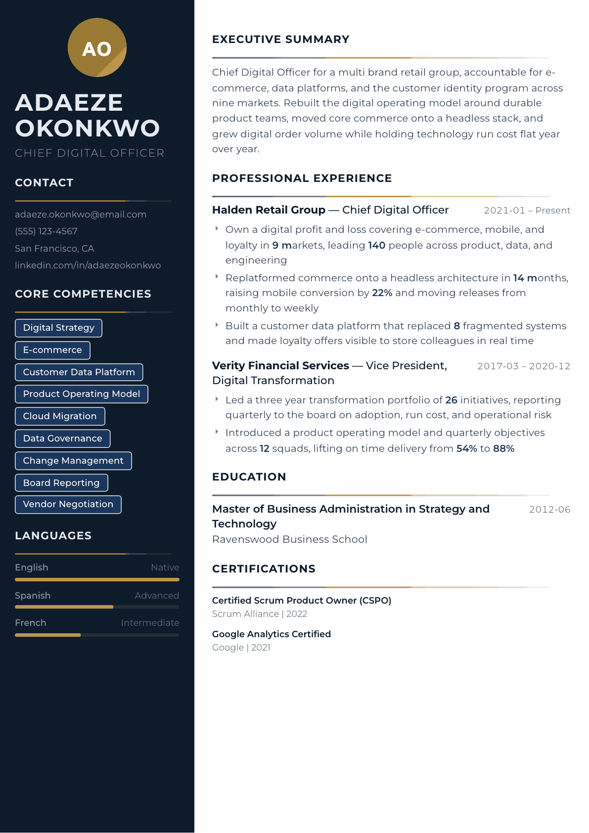 Chief Digital Officer resume example, Catalyst template
