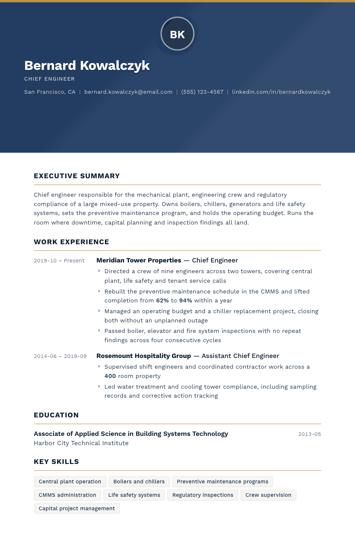 Chief Engineer resume example, Sovereign template