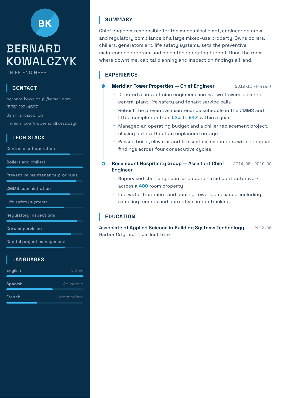 Chief Engineer resume example, Circuit template