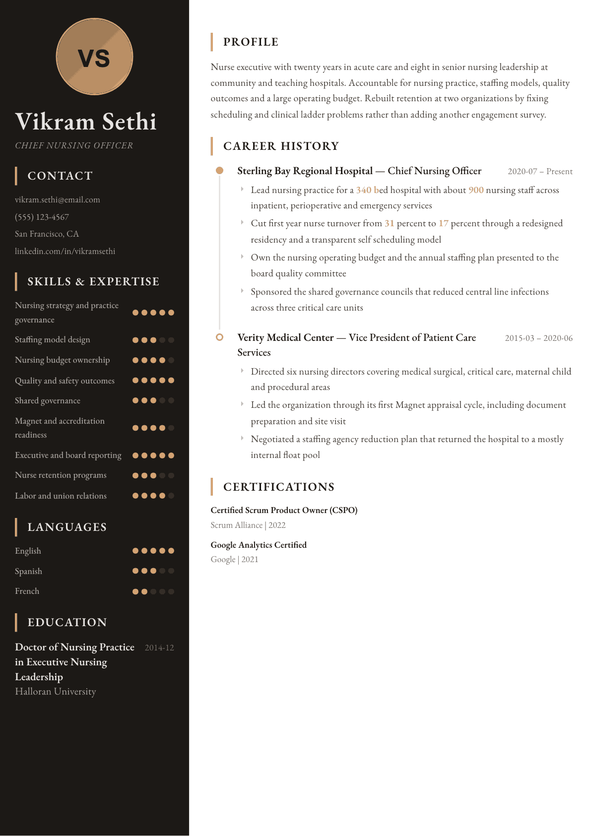Chief Nursing Officer resume example, Heritage template
