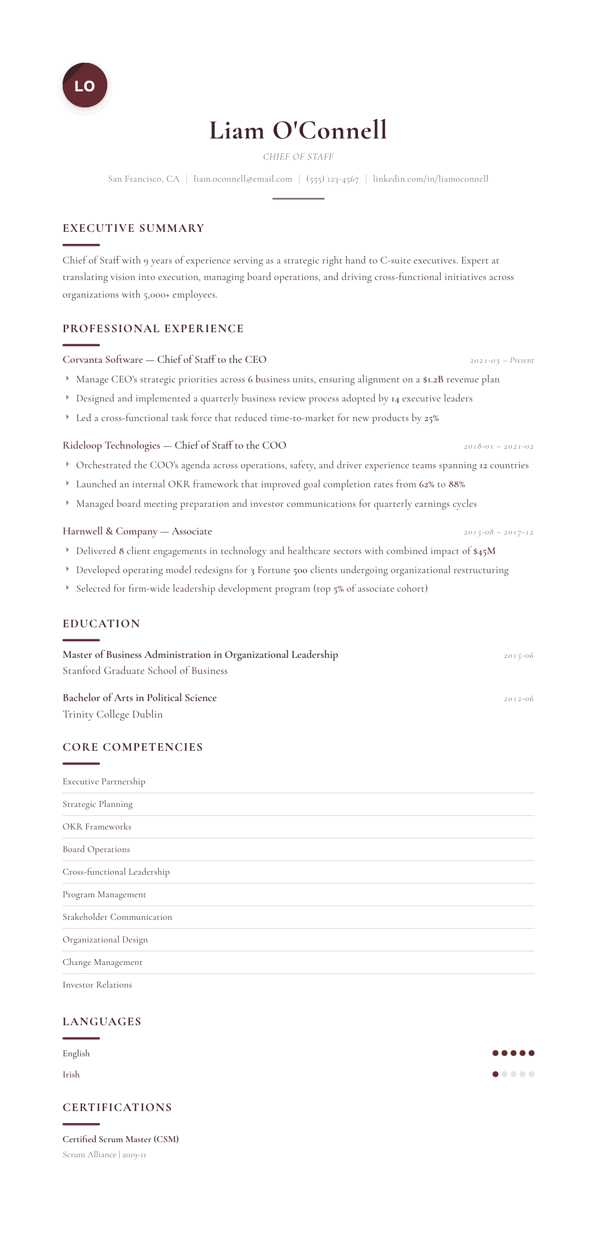 Chief of Staff resume example, Diplomat template