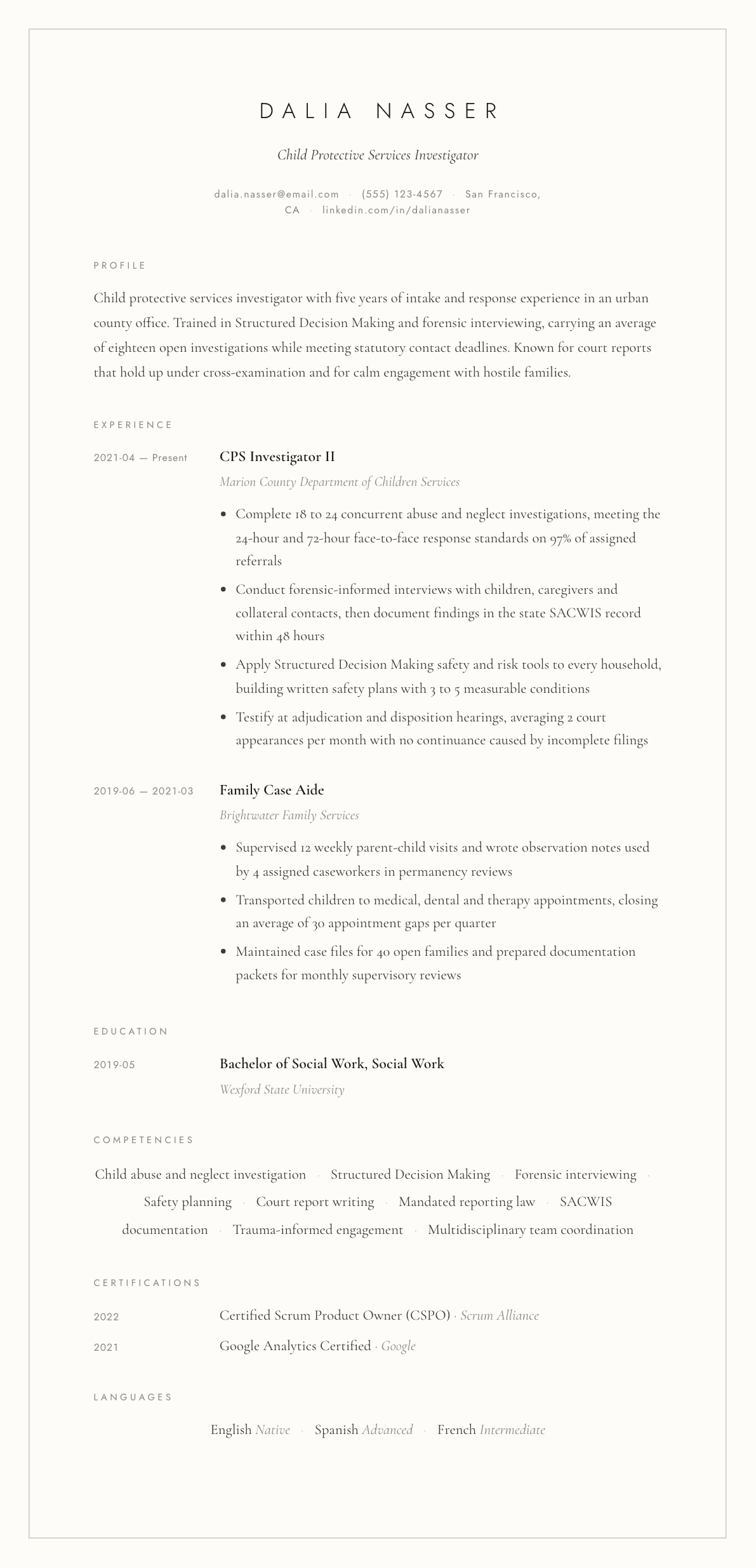 Child Protective Services Worker resume example, Vellum template