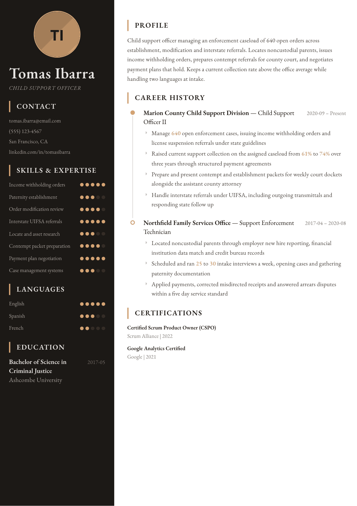 Child Support Officer resume example, Heritage template