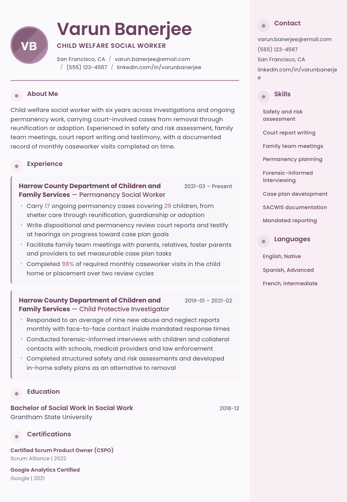 Child Welfare Social Worker resume example, Bloom template