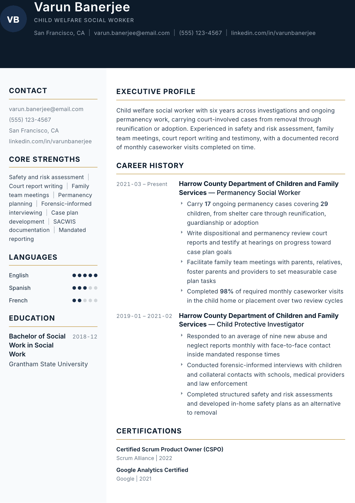 Child Welfare Social Worker resume example, Consulate template