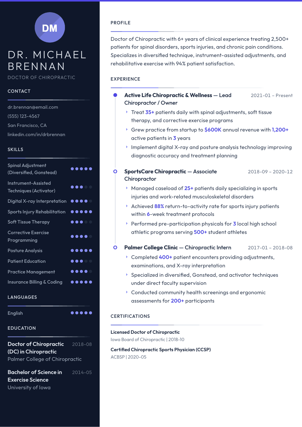 Chiropractor resume example, Zenith template