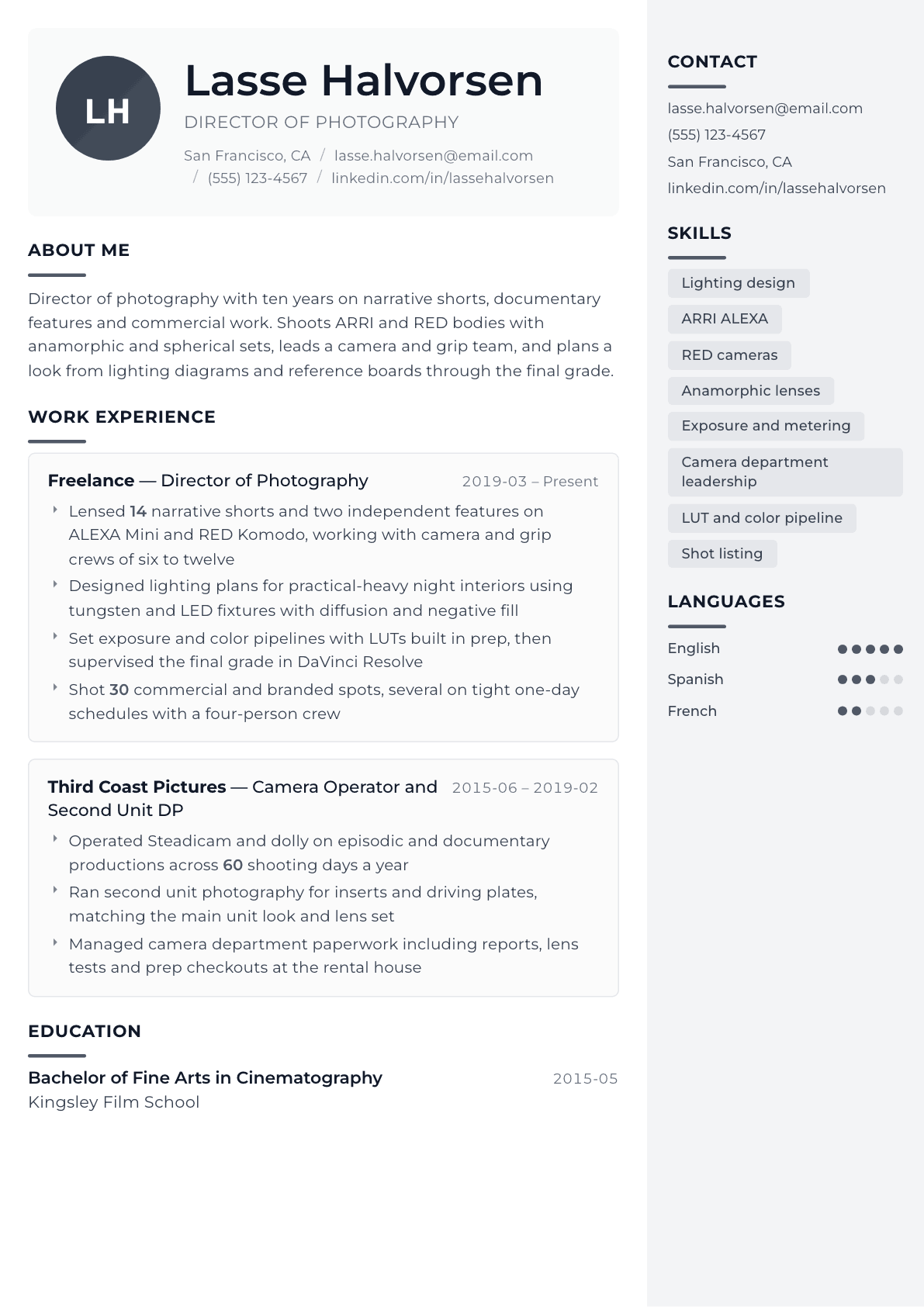Cinematographer resume example, Metropolitan template
