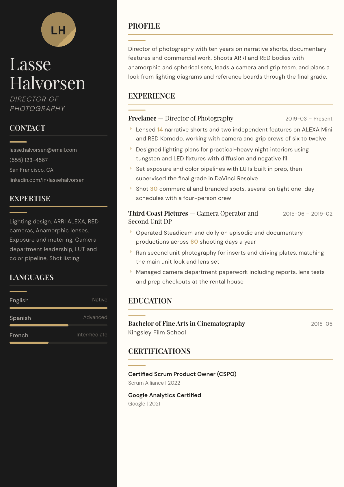 Cinematographer resume example, Obsidian template