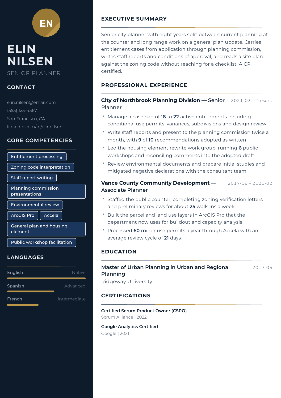 City Planner resume example, Catalyst template