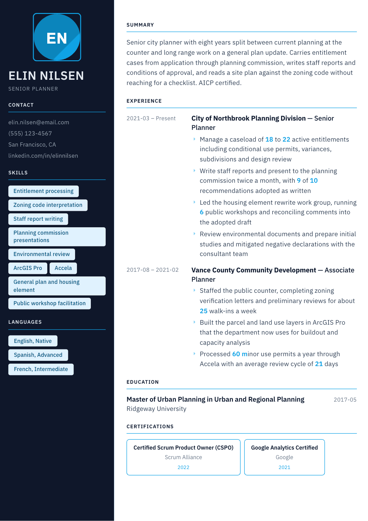 City Planner resume example, Everest template