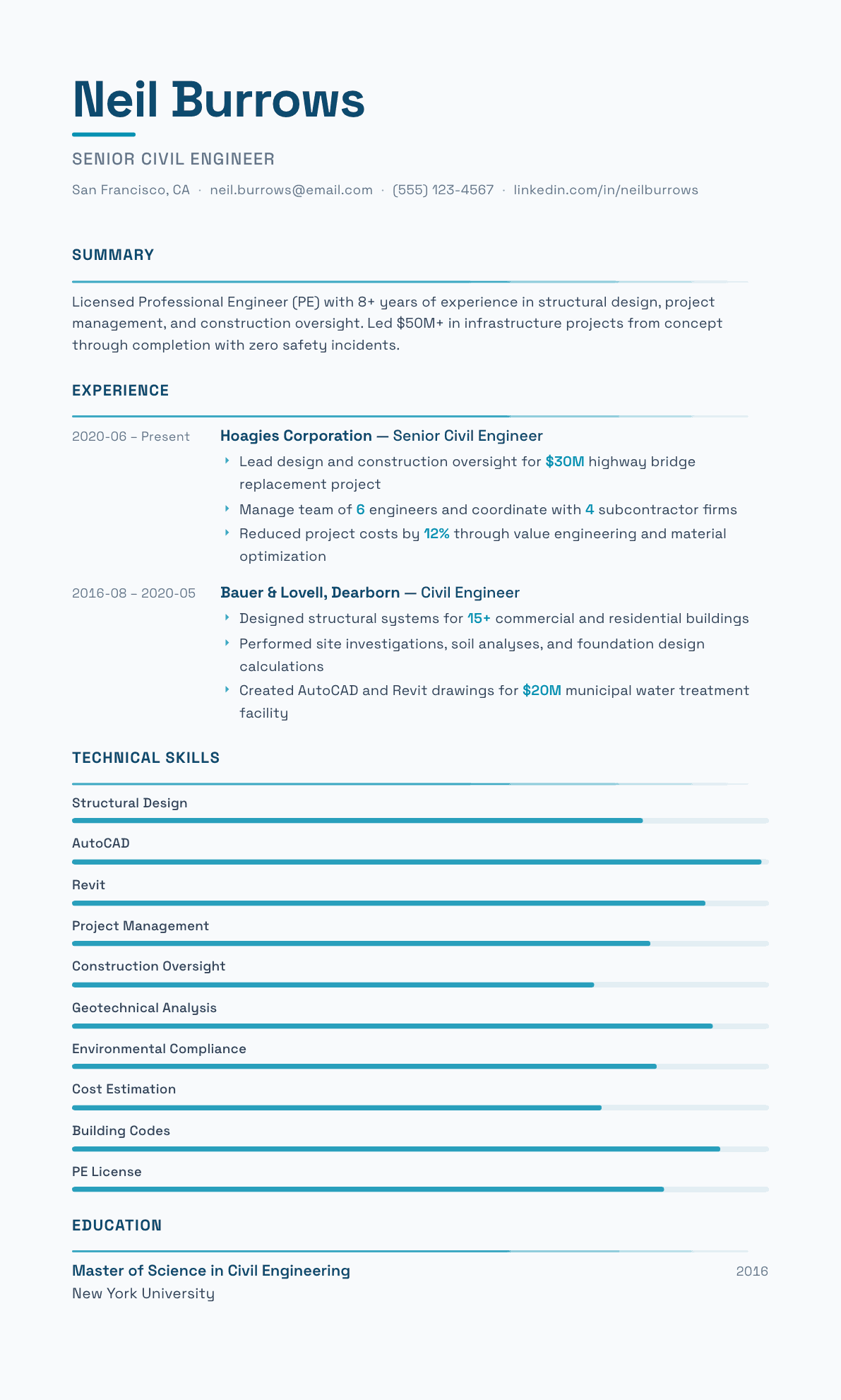 Civil Engineer resume example, Velocity template