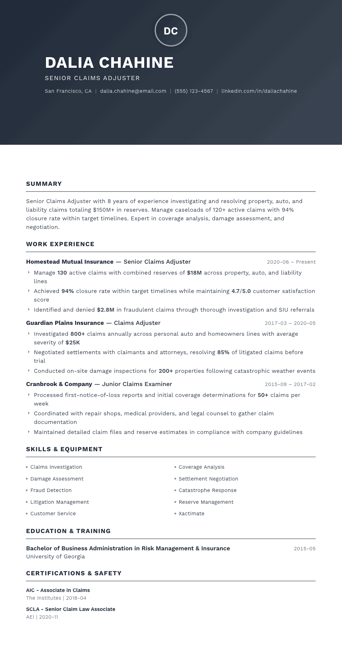 Claims Adjuster resume example, Foundation template