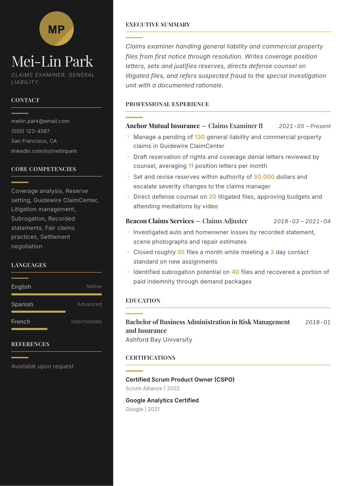 Claims Examiner resume example, Ink & Gold template