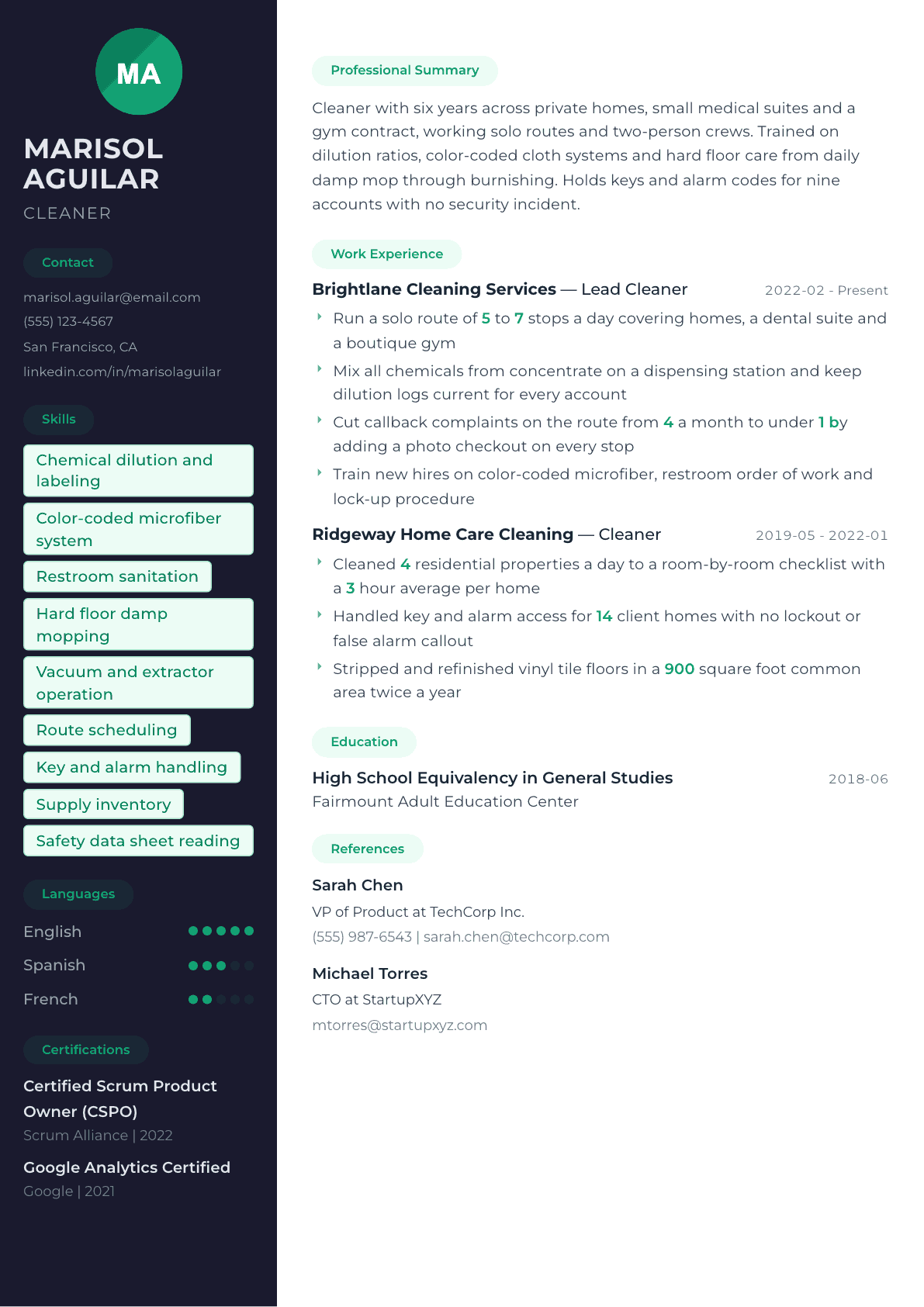 Cleaner resume example, Oslo template