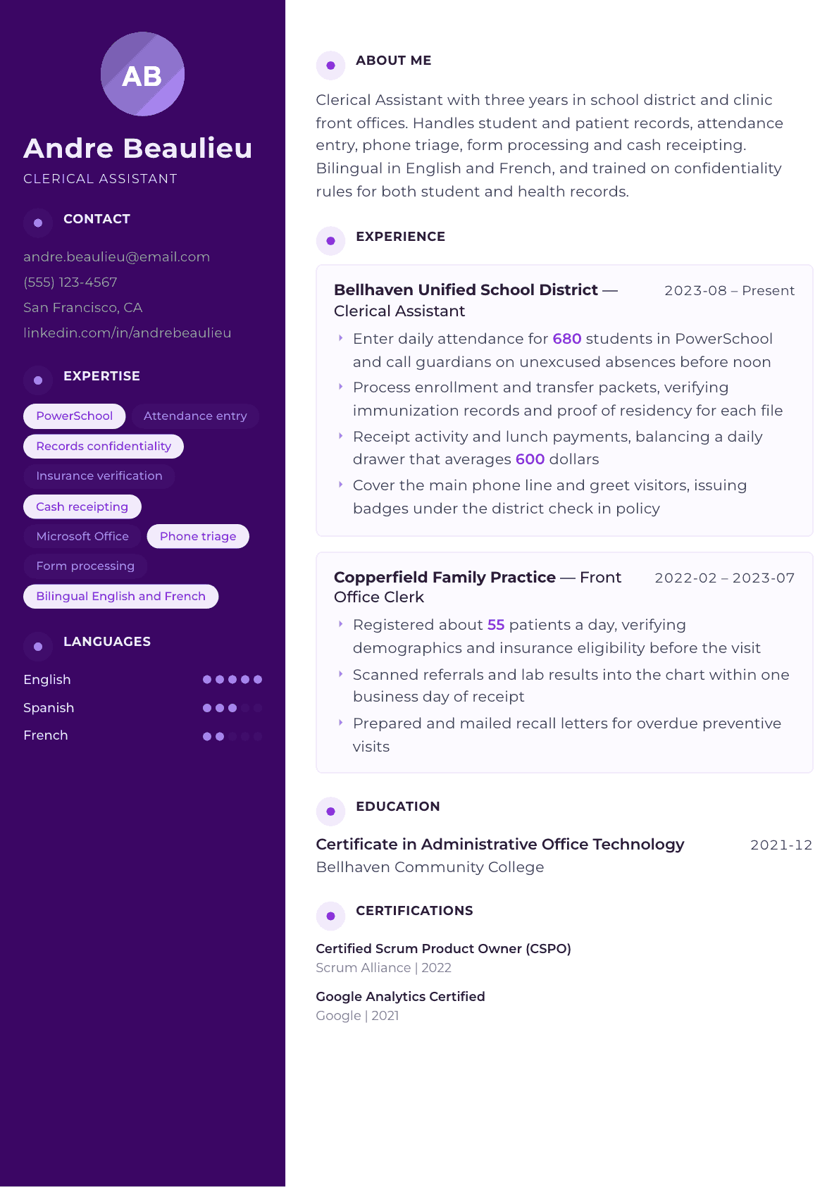 Clerical Assistant resume example, Palette template