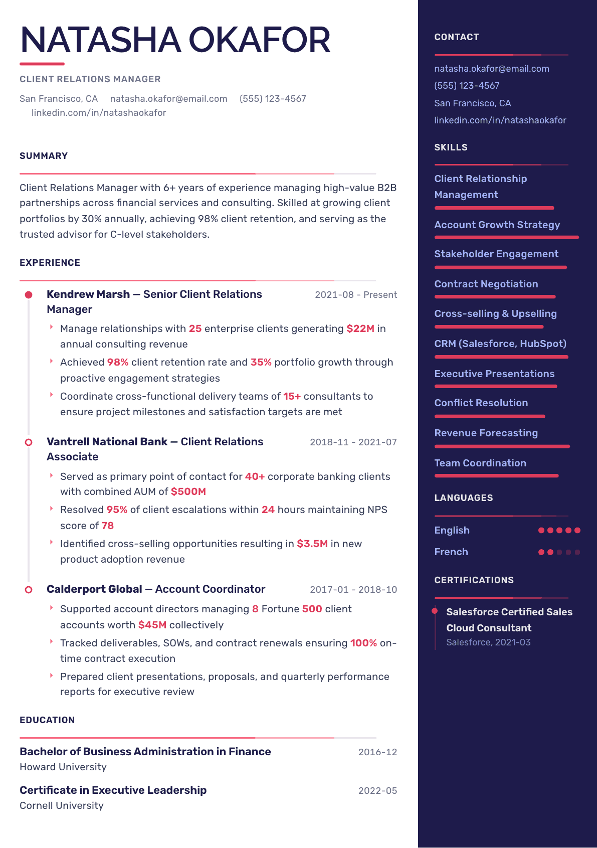 Client Relations Manager resume example, Obsidian Dark template