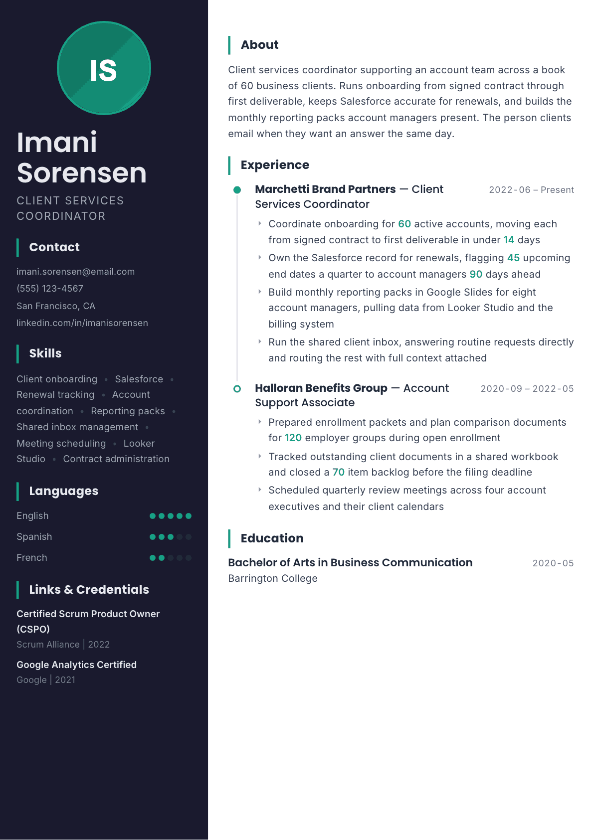 Client Services Coordinator resume example, Bapak template