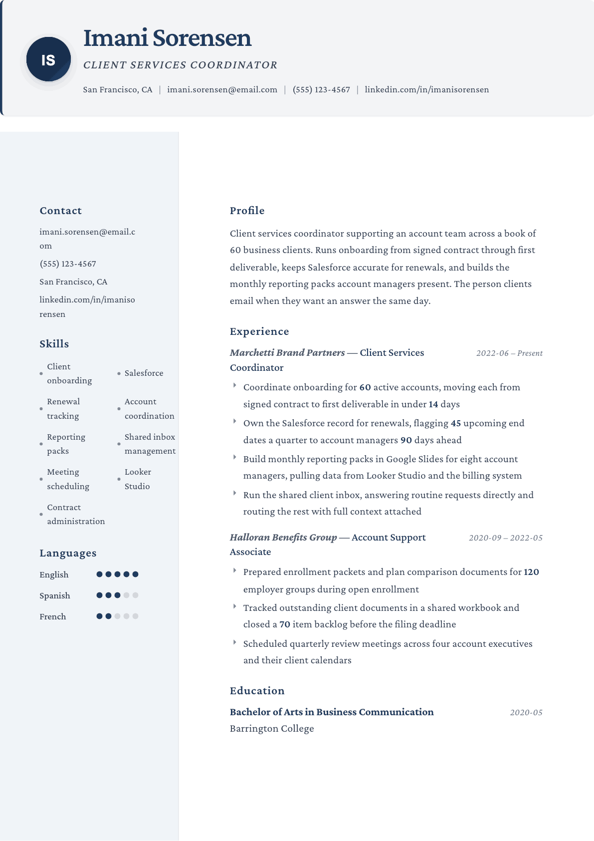 Client Services Coordinator resume example, Formal template