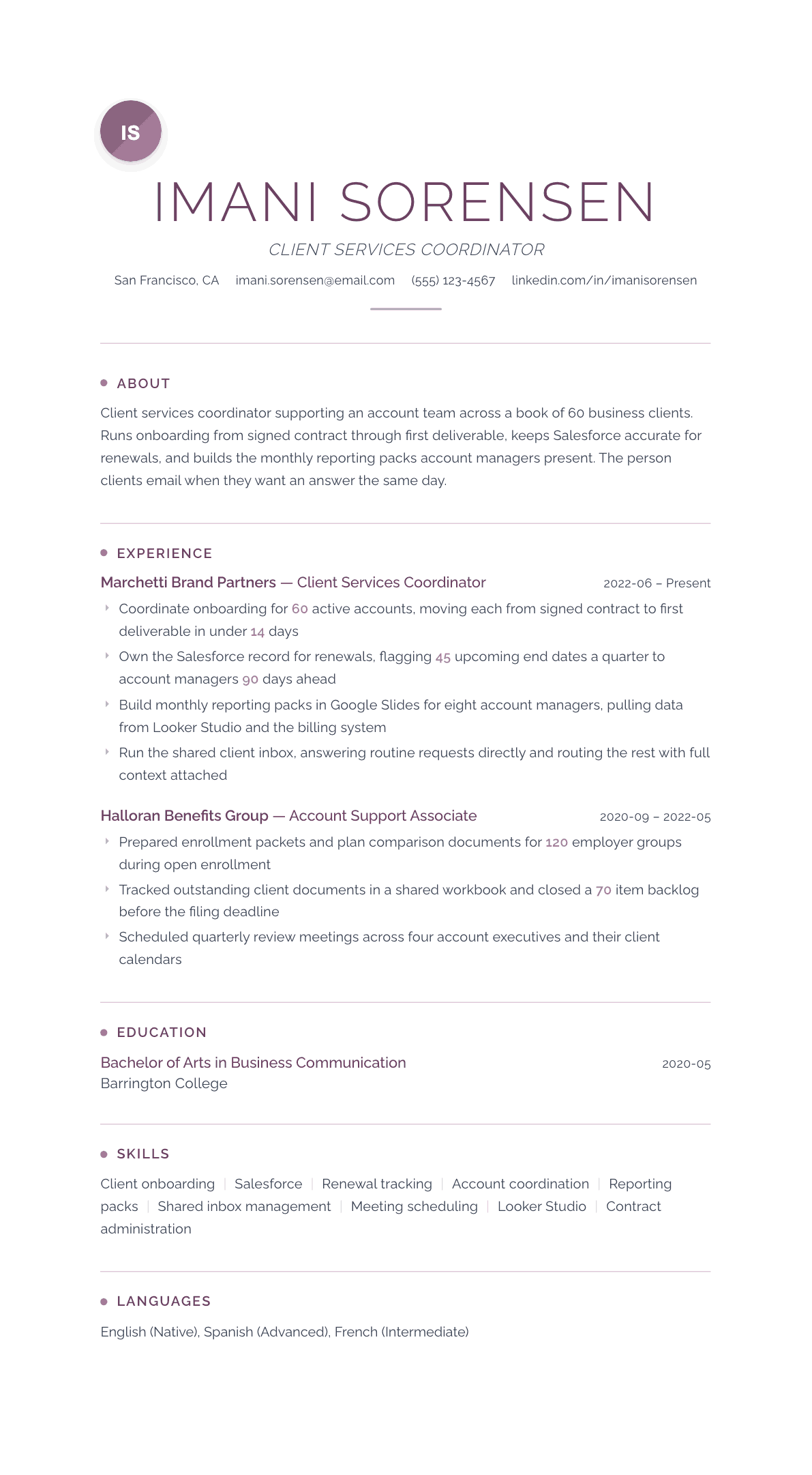 Client Services Coordinator resume example, Serenity template