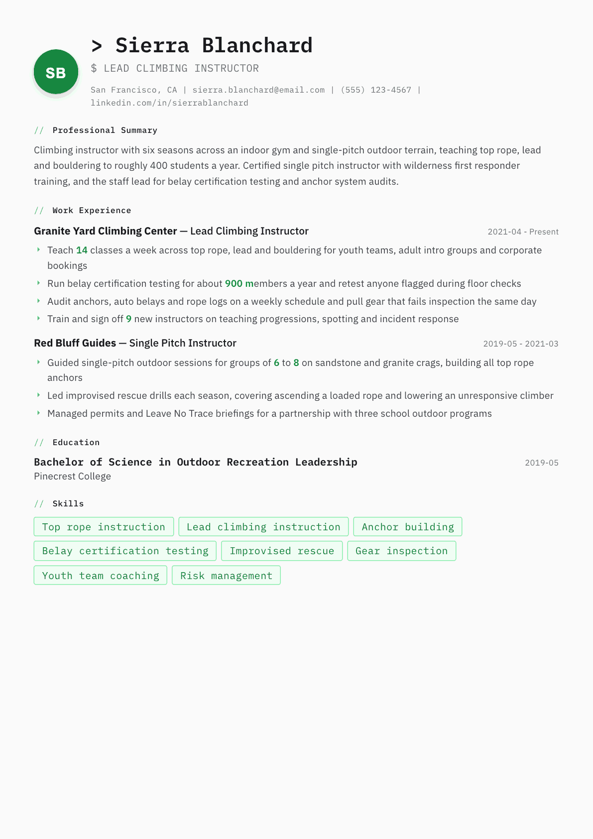 Climbing Instructor resume example, Amsterdam template
