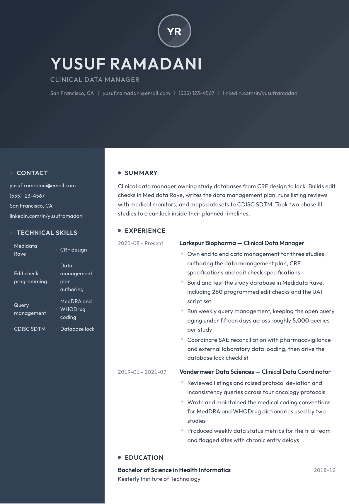 Clinical Data Manager resume example, Binary template