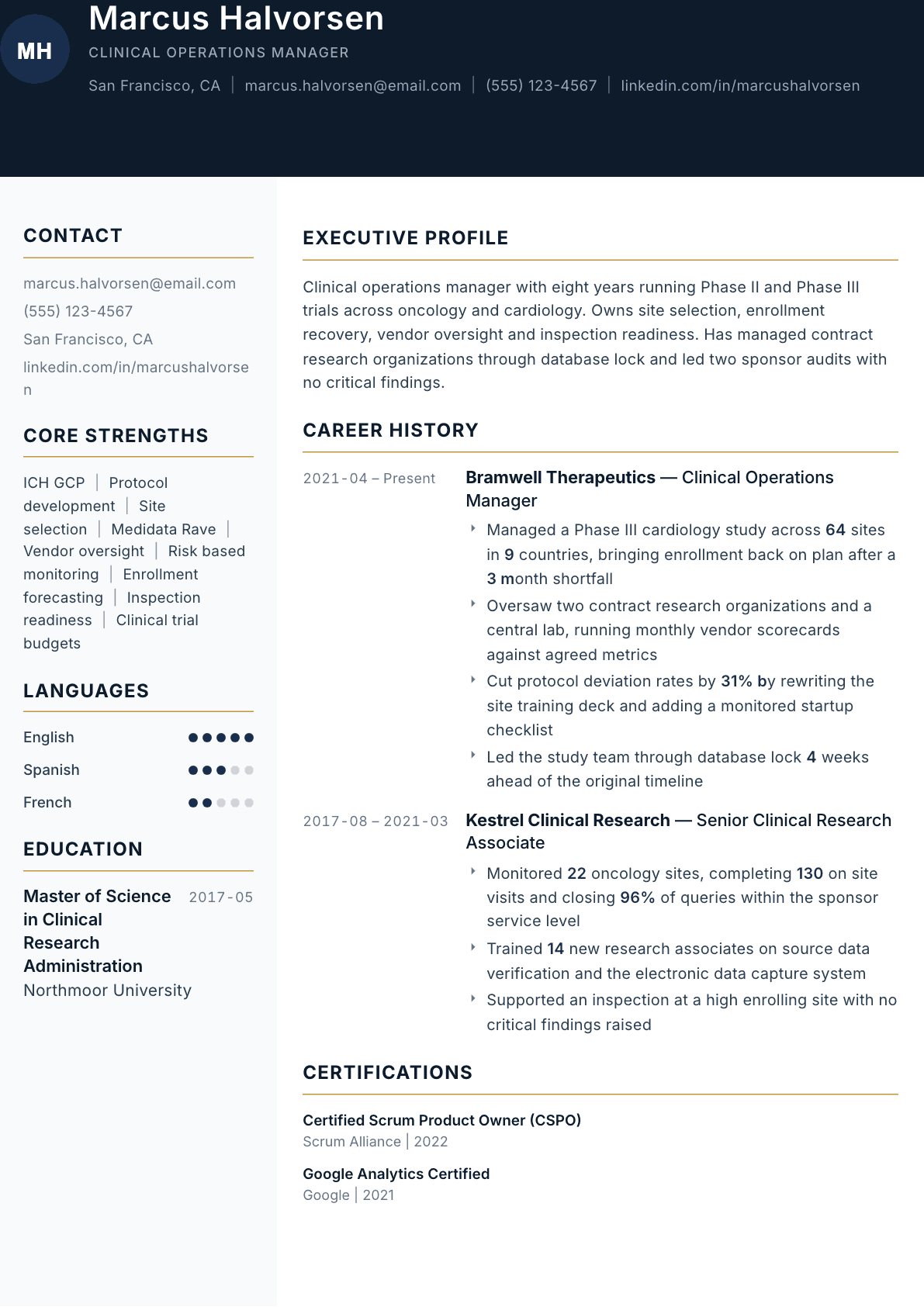 Clinical Operations Manager resume example, Consulate template