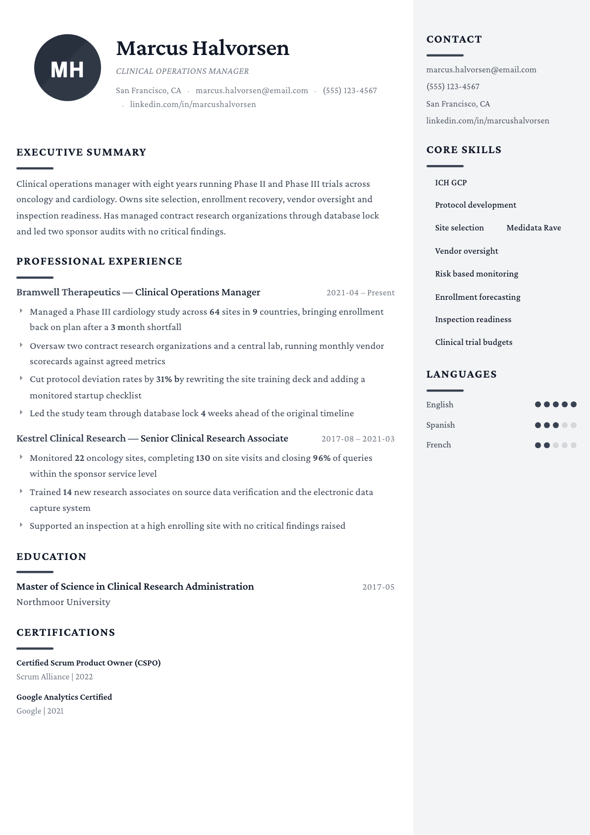 Clinical Operations Manager resume example, Monarch template