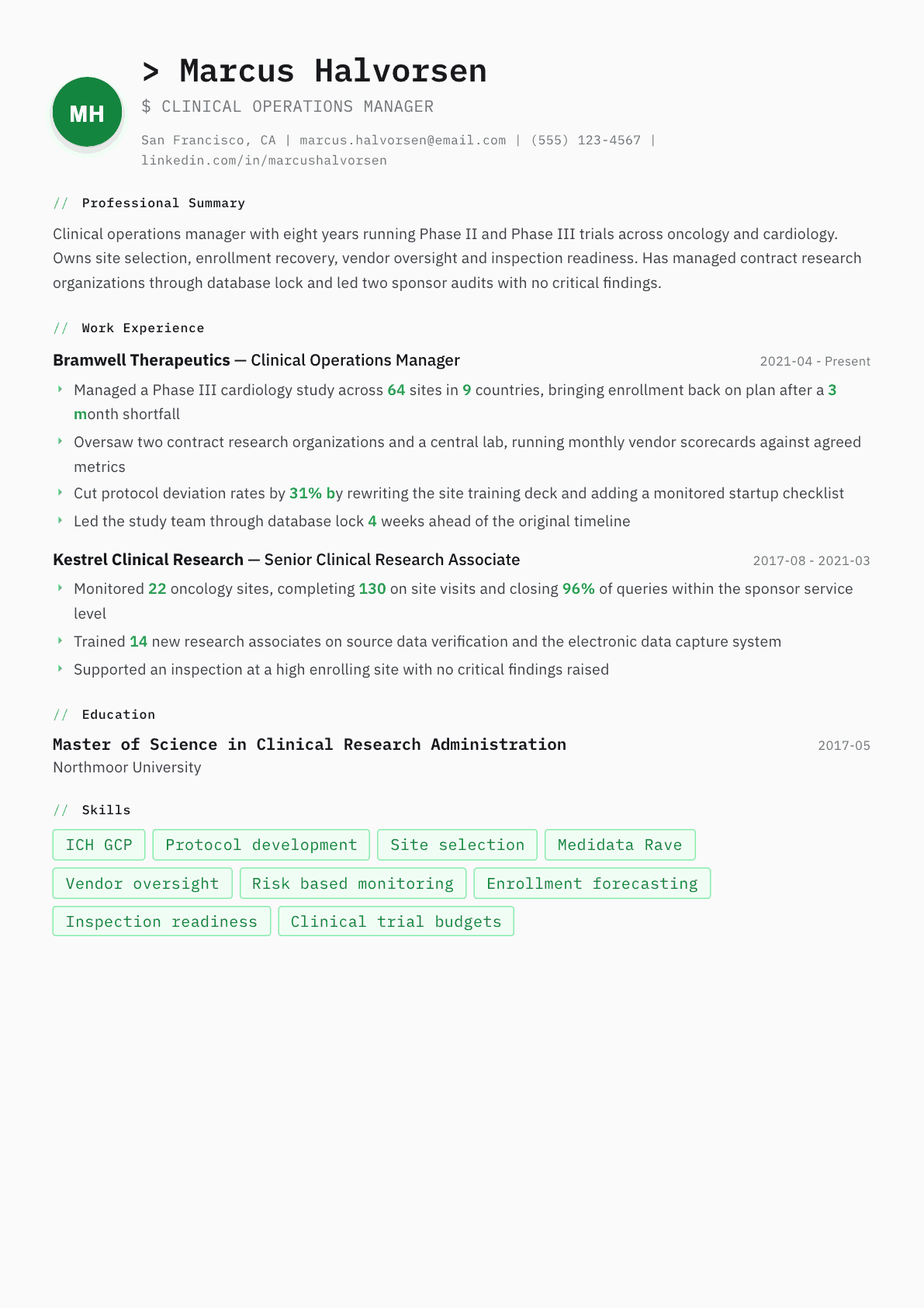 Clinical Operations Manager resume example, Amsterdam template